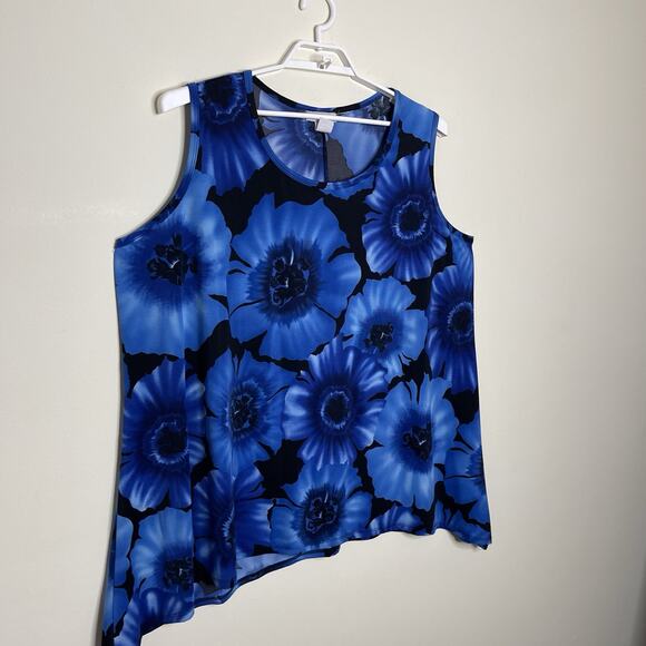 ONLY‎ 9 Blue Black Floral Print Asymmetrical Tank Top Liquid Slinky Knit Sz 4X - Picture 4 of 8